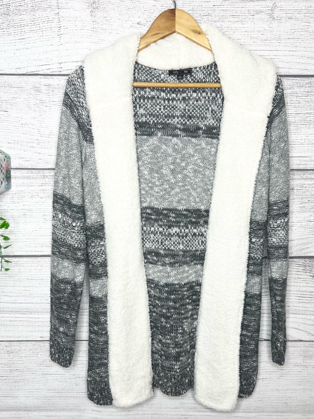 Lety & Me Hooded Gray & White Open-Front Faux Fur Shawl Cardigan Size Medium